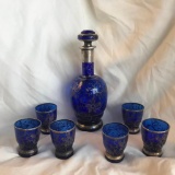 Italian Cobalt Blue With Silver overlay Glass Decanter with 6 Matching Shot Glasses Made in Italy