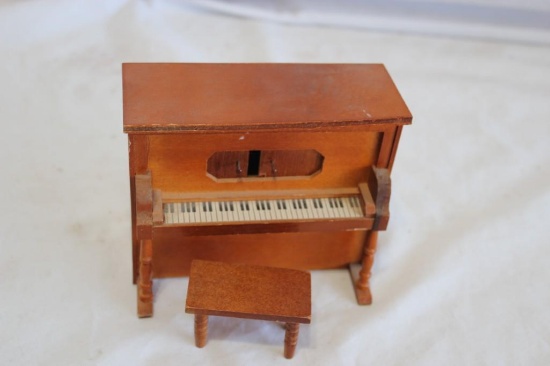 Vintage Wood 5x4" Music Box Player Piano With Bench