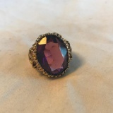 14KT Gold-Electroplated Ring with Purple Center Gem Size 7 | 9.06 grams