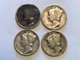 Lot of 4 US Mercury Ten Cent Dime 90% Silver Coin; (2) 1924, 1936 and 1940
