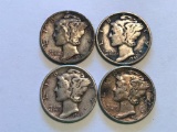 Lot of 4 US Mercury Ten Cent Dime 90% Silver Coin; (2)1943, 1944 and 1945