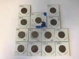 Lot of 13 US Lincoln Wheat Pennies One Cent Coins; 1909 - 1945S