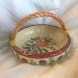 Glazed Ceramic Apple Basket with Wound Stick Handle Made in Japan