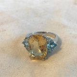 Sterling Silver Ring with Yellow Citrine and Aquamarine Center Stones Size 6 | 4.65 grams