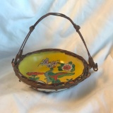 Hand-Painted Vintage Ceramic Basket With Stick Handle and Encasing Made in Japan