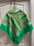 Woven knit greens, red, and white South American poncho Sz. S