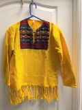 Yellow cotton with embroidery and fringe ladies pullover shirt Sz. S