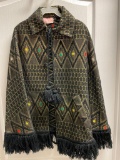 Stunning ladies black with woven gold and colorful embroidery accents poncho with collar, pockets,