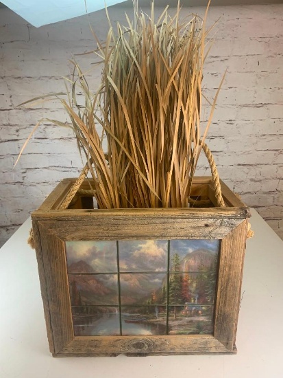 Home Decor Wood Crate with Tiles of A River Scene and River Weeds