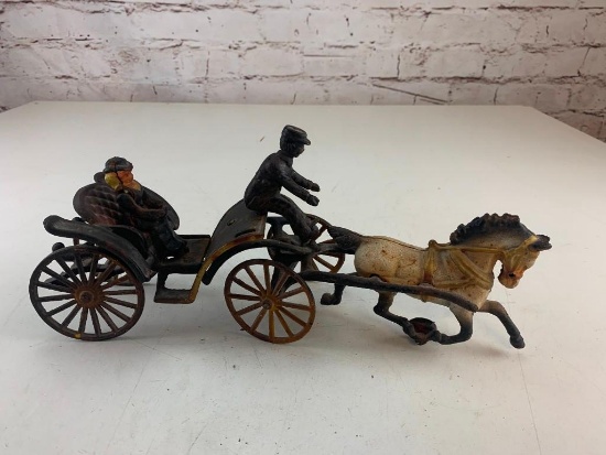 Vintage Cast Iron Horses And Buggy with Driver and Lady passenger