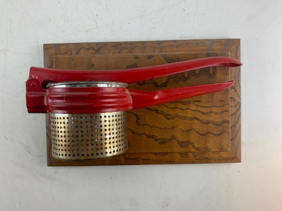 Vintage Flour Sifter with red handle mounted on Plaque- Kitchen Decor