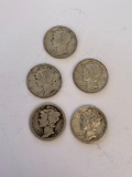 Lot of 5 90% Silver Mercury Dimes 1925, 1925, 1937, 1916, 1939