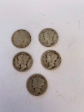 Lot of 5 90% Silver Mercury Dimes 1924, 1924, 1917, 1935, 1941