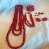 Lot of 2 Red Enamel Necklaces, 1 Cuff Bracelet and 5 Pairs of Matching Earrings