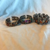 Lot of 3 Similar Silver-Toned Tick Bangle Bracelets with Faux Gems