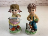 Lot of 2 Vintage Children Farmers Ceramic Figures with Chicken and Goose