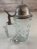 Vintage German Clear Glass Beer Stein Mug with Pewter Lid