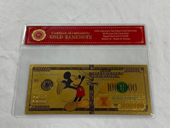 Walt Disney MICKEY MOUSE 24K GOLD Plated Foil Novelty Note $1,000,000 Bill Gold Banknote