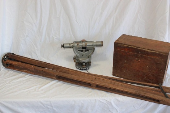 Antique Keuffel & Esser K-E Transit and Wood Tripod With Wood Box For Transit