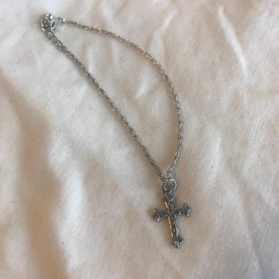 Silver-Toned Anklet/Bracelet with Religious Cross Pendant Charm