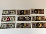 Lot of 9 MUSIC Novelty Paper Notes Bill Banknotes-AC/DC, Rolling Stones, Led Zeppelin and others