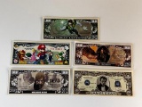 Lot of 5 Novelty Paper Notes Bill Banknotes-The Hobbit, James Dean, Super Mario, Walking Dead
