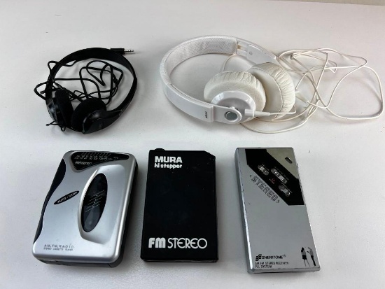 Lot of 3 Vintage Portable AM/FM Radios Walkmans plus Headphones