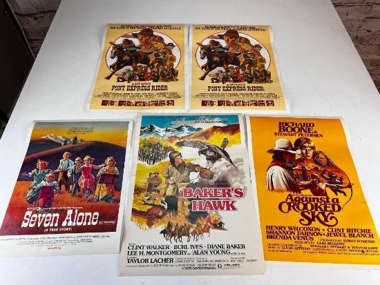 Lot of 5 Vintage Western Movie Posters 18" x 13"- Pony Express, Seven Alone, Baker's Hawk