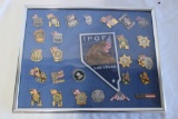 Large Lot of Police And Fire Lapel Pin Badges Framed