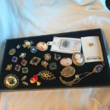 Tray Lot of Misc. Brooches, Clip-On Earrings and Button Attachments