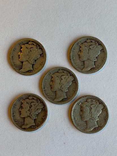 Lot of 5 Mercury Dimes 90% Silver; (2) 1918, 1925, 1929, and 1934