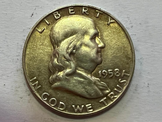 1958-D US Franklin Silver Half Dollar 50 Cent Coin 90% Silver