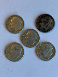 Lot of 5 Roosevelt Dimes 90% Silver; (3) 1963, one 1964, and one 1962