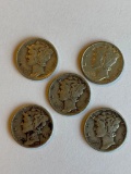 Lot of 5 Mercury Dimes 90% Silver; (3) 1944 and (2) 1945