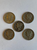 Lot of 5 Mercury Dimes 90% Silver; (3) 1935, 1936, and 1937