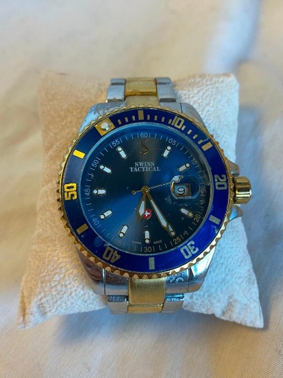 STAUER Swiss Tactical Watch with Stainless Steel Back and Blue/Gold-Toned Details