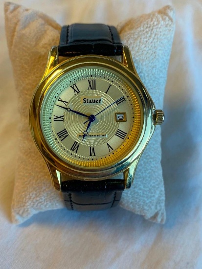 STAUER Gold-Toned Watch with Water Resistant Stainless Steel Case and Genuine Leather Band