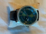 Silver-Toned/Green STAUER Watch with Stainless Steel Water Resistant Back and a Genuine Leather Band