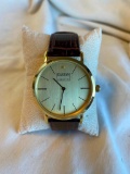 Gold-Toned GASSAN: Diamonds Watch with Genuine Leather Band and Stainless Steel Back