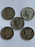 (5) 1939 Mercury Dime 90% Silver