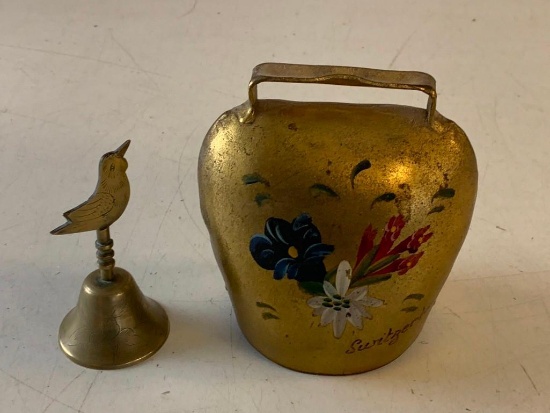 Hand Painted Vintage Cow Bell and also a Brass Bell with Bird