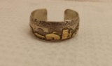 Vintage Native American Style Silver and 14K Gold Storyteller Cuff Bracelet 39.4g TW