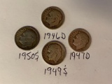 Lot of 4 Roosevelt Dimes 1946 D, 1947 D, 1949 S & 1950 S, 90% Silver