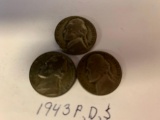 Lot of 6 War Nickel, 3ea 1943 P, D & S, 3ea 1945 P, D & S, 35% Silver Content