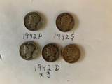 Lot of 5 Mercury Dimes 1942 P, 1942 S, 3ea 1942 D, 90% Silver