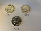 Lot of 3 B.U. 1956 P, 1957 P & 1958 P Franklin Half Dollar 90% Silver US Coin .