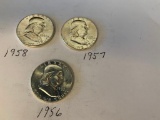 Lot of 3 B.U. 1956 P, 1957 P & 1958 P Franklin Half Dollar 90% Silver US Coin .