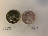 Lot of 2 B.U. 1957 P & 1958 P Franklin Half Dollar 90% Silver US Coin .