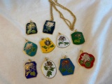 Lot of 10 Similar Enamel Painted Floral Necklace Pendants and 1 Gold-Toned Chain