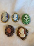 Lot of 5 Misc. Cameo and Misc. Oval Costume Brooches